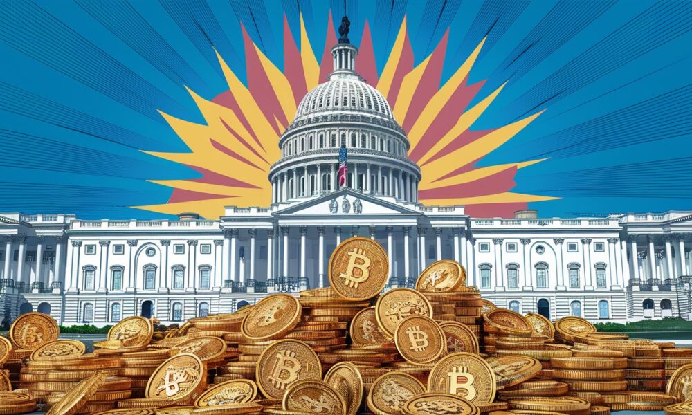 Piles of Bitcoin in front of the US Capitol building, illustration, vibrant