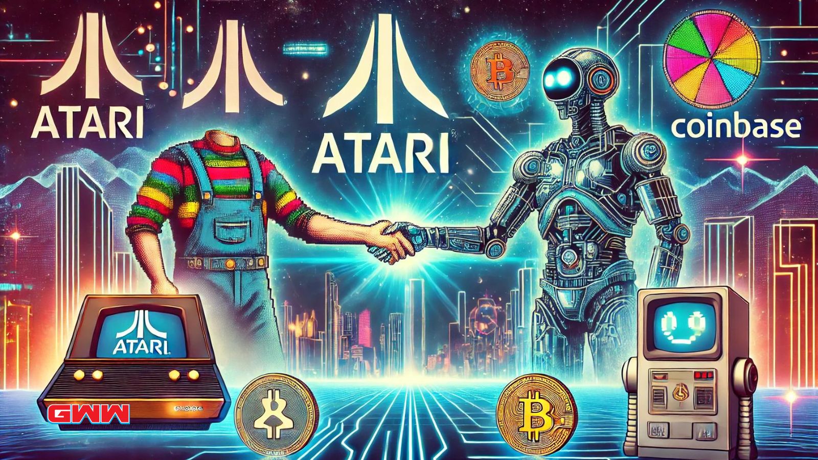 A futuristic scene depicting the partnership between Atari and Coinbase