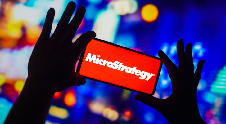 In this photo illustration, the MicroStrategy (MSTR) Incorporated logo is displayed on a smartphone screen.