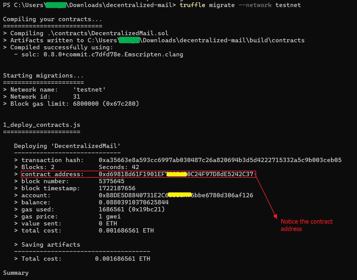 Figura 3: Output del terminale dopo la migrazione del contratto riuscita