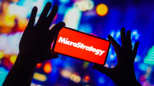 In this photo illustration, the MicroStrategy (MSTR) Incorporated logo is displayed on a smartphone screen.