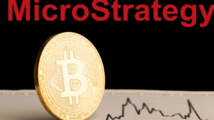 Coin depicting Bitcoin BTC with the text MicroStrategy (MSTR) in the background.