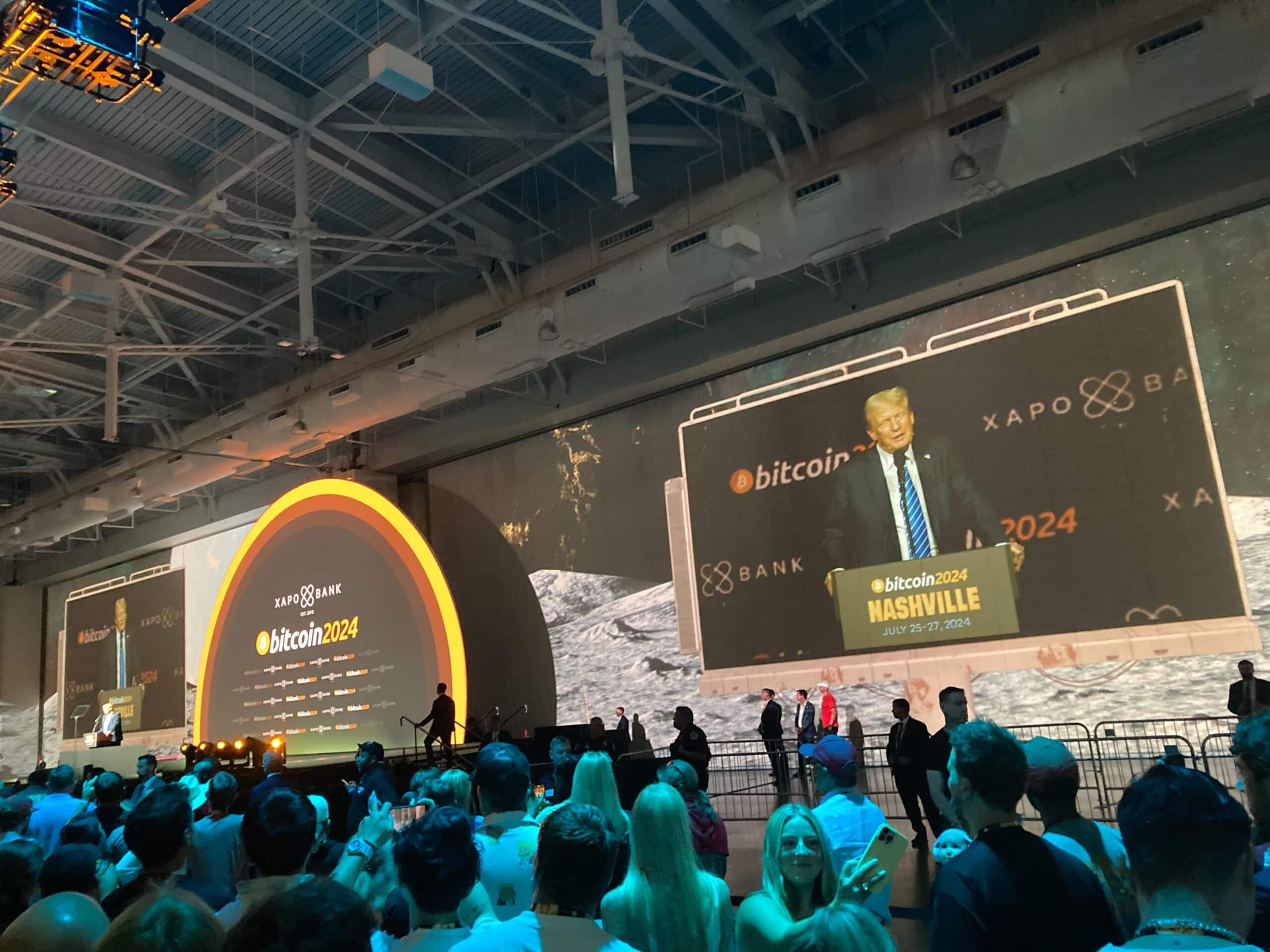 View from the floor of Republican nominee Donald J. Trump's speech at the Bitcoin 2024 conference in Nashville.