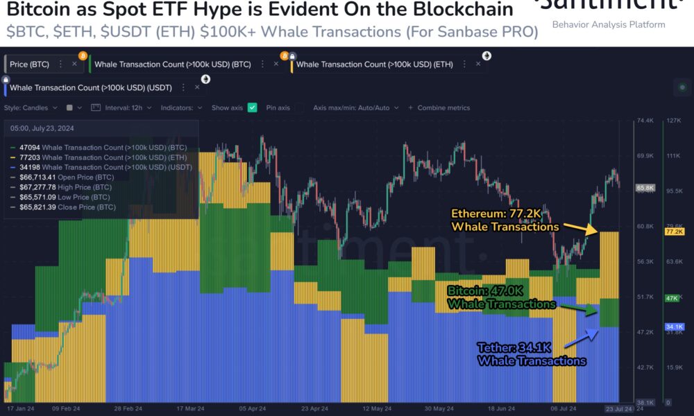 Number of Ethereum, Bitcoin and Tether Whale Transactions