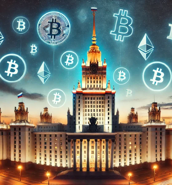 Russian Parliament building at dusk, cryptocurrency symbols floating above