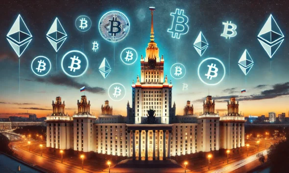 Russian Parliament building at dusk, cryptocurrency symbols floating above