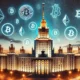 Russian Parliament building at dusk, cryptocurrency symbols floating above