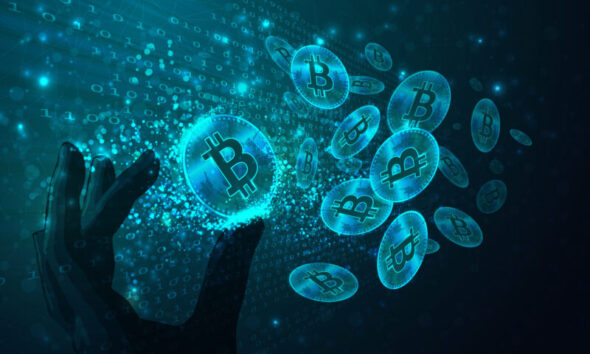 Bitcoins in a futuristic room made from binary code and a hand holding one of them. (Used clipping mask)