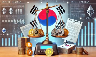 A digital scale balancing cryptocurrency tokens and legal documents, symbolizing South Korea's regulatory review