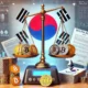 A digital scale balancing cryptocurrency tokens and legal documents, symbolizing South Korea's regulatory review