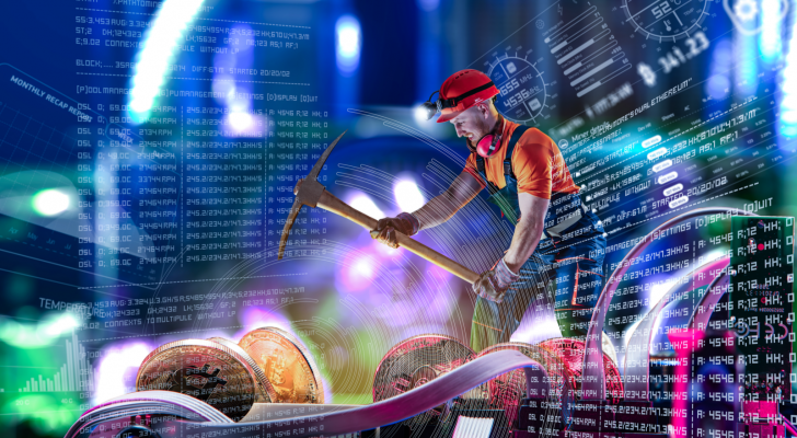 Macro view of a miner working for bitcoin mining pool. Cryptocurrency mining devices and technology. Cryptocurrency mining concept. MARA action. Cryptocurrency mining.