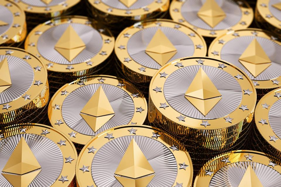 Ethereum gold coins in a stack